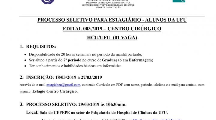 Processo Seletivo de Estágio Edital 003.2019 - Centro Cirúrgico - Grad. Enfermagem.