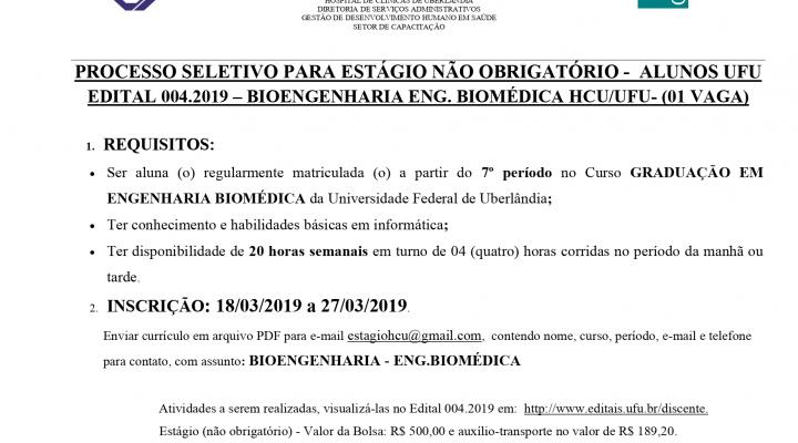 Processo Seletivo de Estágio Edital 004.2019 - Bioengenharia - Eng. Biomédica
