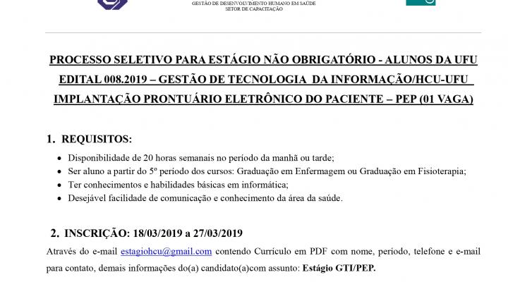 Processo Seletivo de Estágio Edital 008.2019 - GTI/PEP