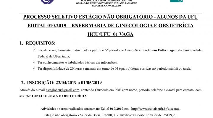 Processo Seletivo de Estágio Edital 010.2019 Ginecologia e Obstetrícia - Enfermagem