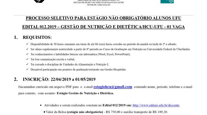 Processo Seletivo de Estágio Edital 012.2019 Gestão de Nutrição e Dietética