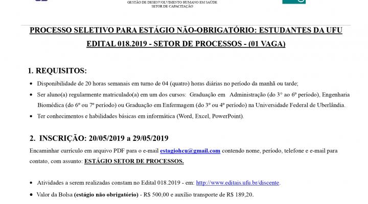 Processo Seletivo Edital 018.2019 Setor de Processos HCU/UFU