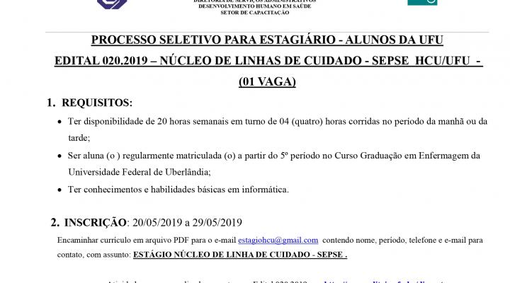 Processo Seletivo Edital 020.2019 Núcleo de Linhas de Cuidado/HCU-UFU