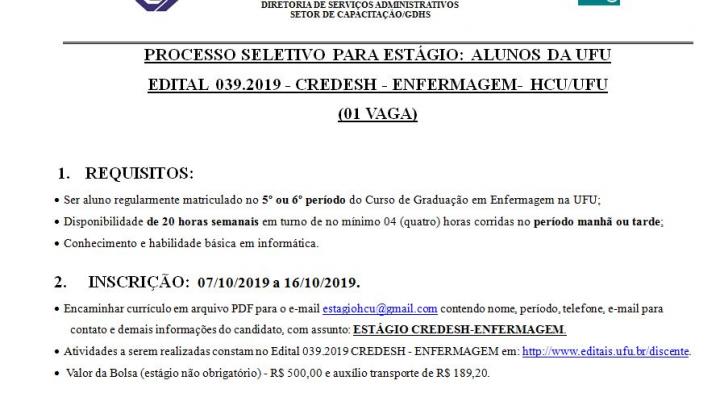 Processo Seletivo 039.2019 CREDESH - Enfermagem - HCU/UFU
