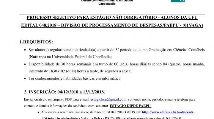 Processo Seletivo Edital 048.2018 - Divisão de Processamento de Despesas