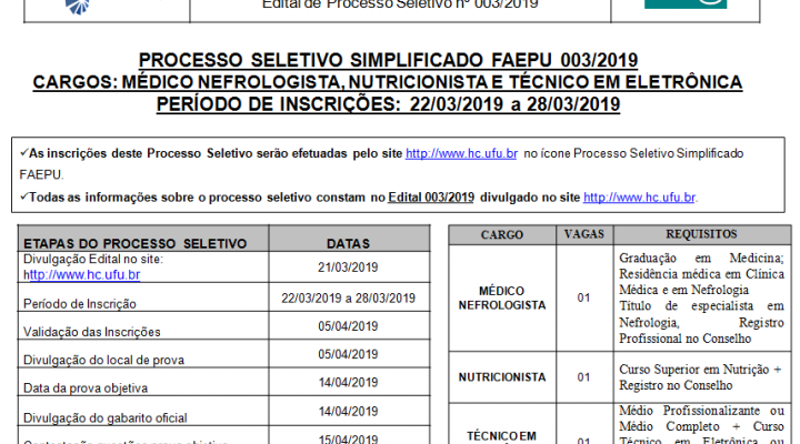Cartaz Processo Simplificado FAEPU 003.2019 - MEDICO NEFROLOGISTA - NUTRICIONISTA E TÉCNICO EM ELETRÔNICA