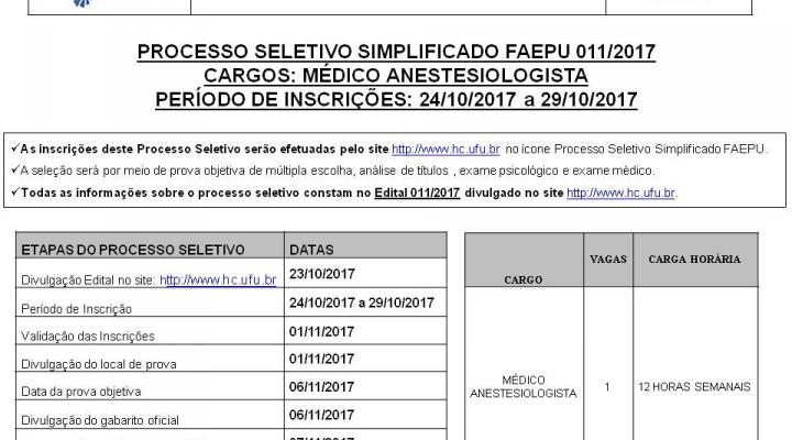 Processo Seletivo Simplificado FAEPU - Edital 011/2017 - MÉDICO ANESTESIOLOGISTA