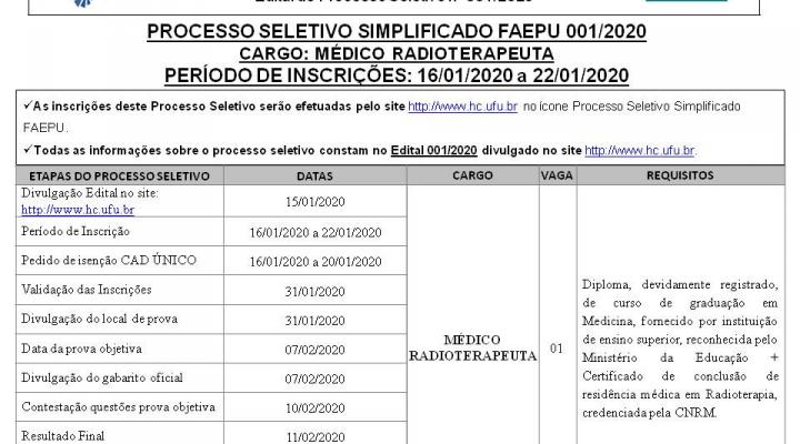 Processo Seletivo Simplificado FAEPU 001.2020 – MÉDICO RADIOTERAPEUTAUTA