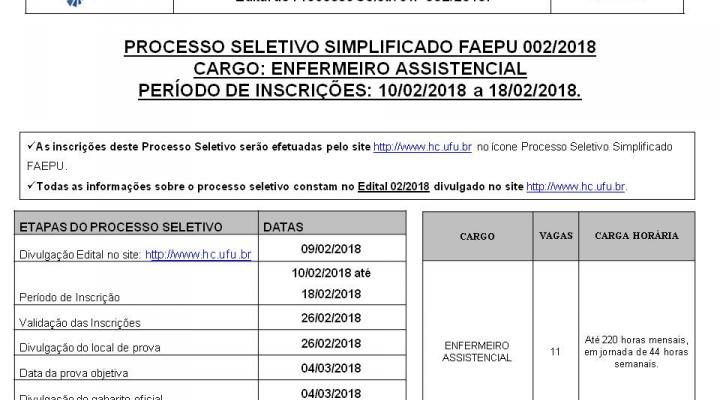 Cartaz de Divulgação - Edital 02/2018 - Processo Seletivo Efetivo-Enfermeiro Assistencial