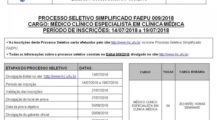 Processo Seletivo Simplificado FAEPU 09.2018 - MÉDICO CLÍNICO ESPECIALISTA EM CLÍNICA MÉDICA