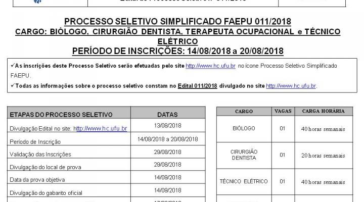 Processo Seletivo Simplificado FAEPU 011.2018 - BIÓLOGO, CIRURGIÃO DENTISTA, TÉCNICO ELÉTRICO e TERAPEUTA OCUPACIONAL