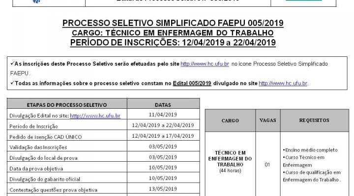 Cartaz Processo Simplificado FAEPU 005.2019 – TÉCNICO EM ENFERMAGEM DO TRABALHO