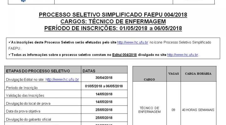 Processo Seletivo Simplificado FAEPU 04.2018 - TECNICO DE ENFERMAGEM