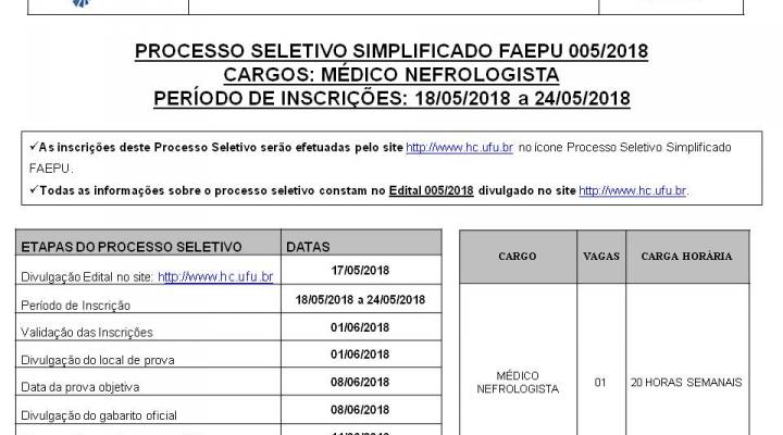Processo Seletivo Simplificado FAEPU 05.2018 - MÉDICO NEFROLOGISTA 