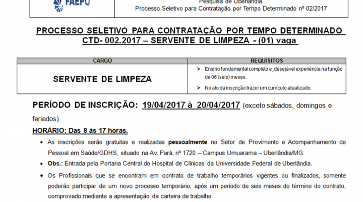 Processo Seletivo - Servente de Limpeza - CTD 02.2017