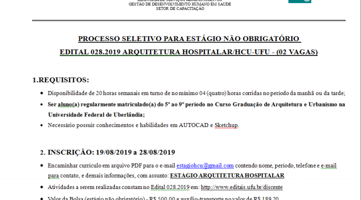 Processo Seletivo Edital 028.2019 Arquitetura Hospitalar