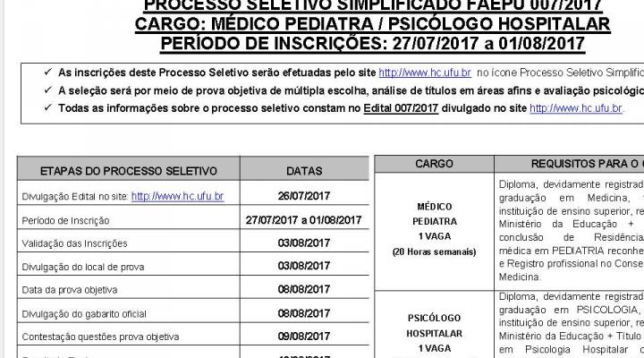 Processo Simplificado FAEPU - Edital 07/2017- MÉDICO PEDIATRA /PSICÓLOGO HOSPITALAR