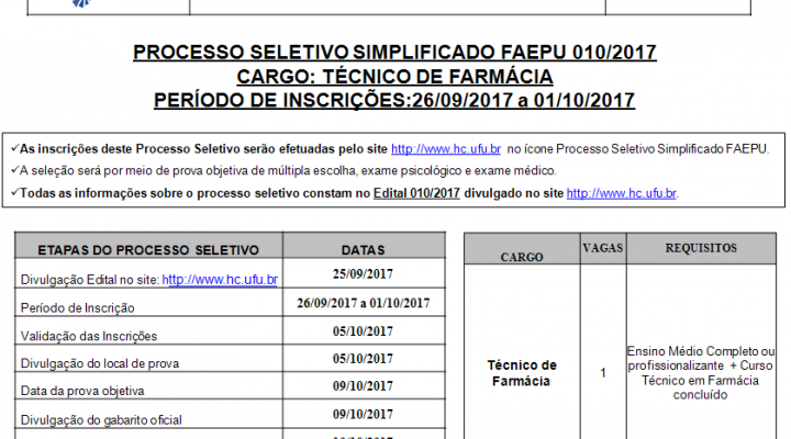  Processo Seletivo Simplificado 010/2017 FAEPU - TECNICO DE FARMACIA