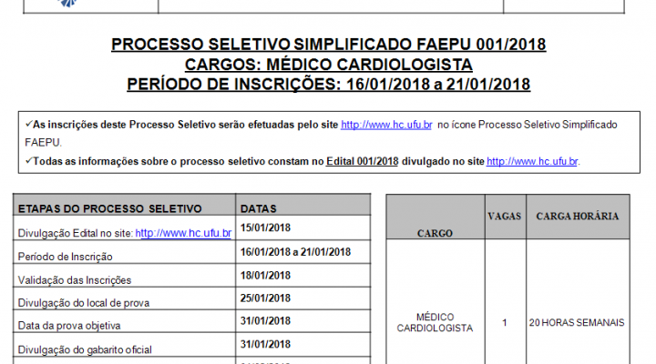  Processo Simplicado FAEPU - Edital 001.2018 - MÉDICO CARDIOLOGISTA 