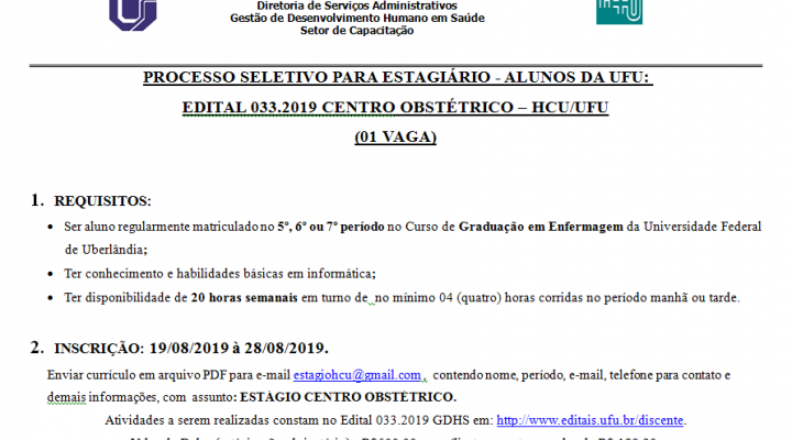 Processo Seletivo Edital  033.2019 Centro Obstétrico